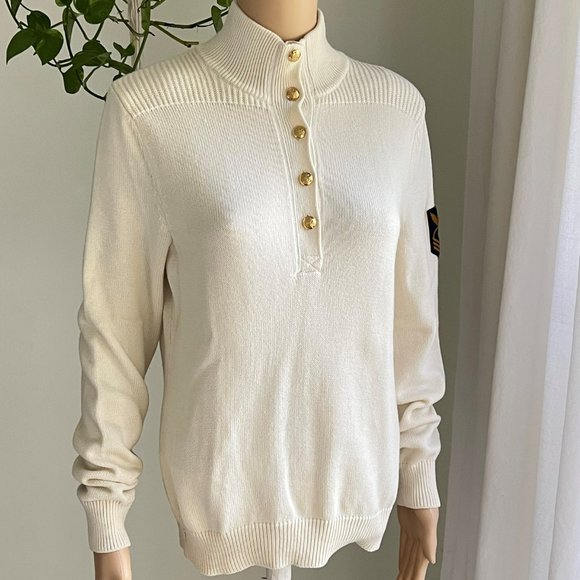 Ralph Lauren Lauren Jeans Co Cream & Navy Military Patch Pullover Sweater Large - Picture 2 of 11